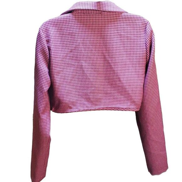 Zara Houndstooth Deep V-neck Long Sleeve Collared Crop Top Size Medium Pink and - Picture 2 of 11
